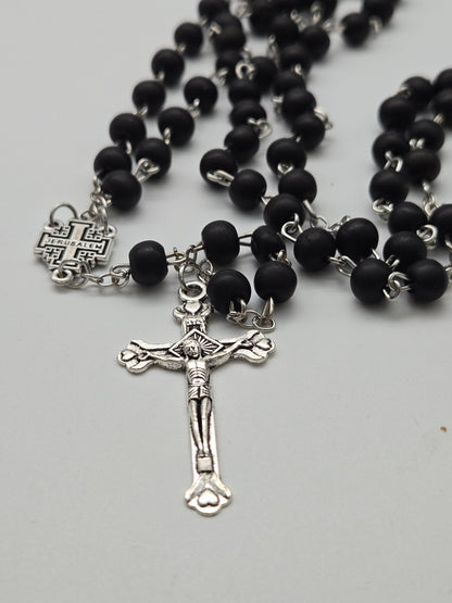 Devotional Black Wood Rosary with Jerusalem Cross - Spiritual Adornment - Christian Crafts
