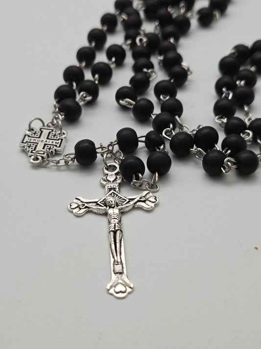 Devotional Black Wood Rosary with Jerusalem Cross - Spiritual Adornment - Christian Crafts