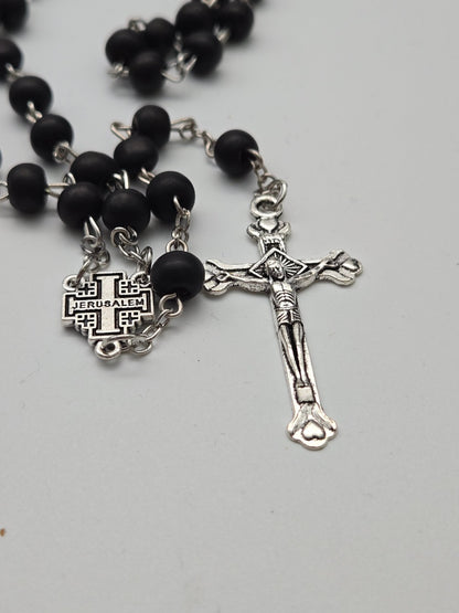 Devotional Black Wood Rosary with Jerusalem Cross - Spiritual Adornment - Christian Crafts