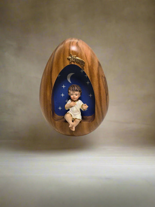 Egg Shaped Baby Jesus - Olive Wood with Ceramic (With Integrated Light) - Christian Crafts