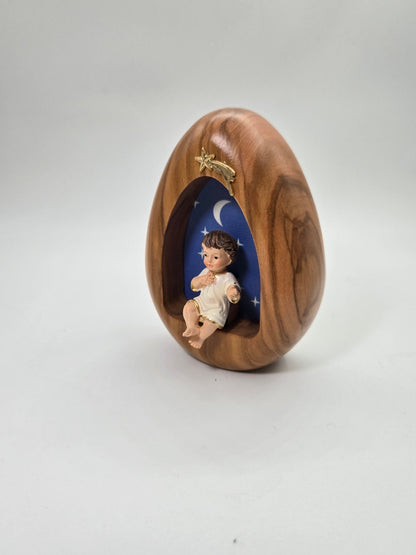 Egg Shaped Baby Jesus - Olive Wood with Ceramic (With Integrated Light) - Christian Crafts