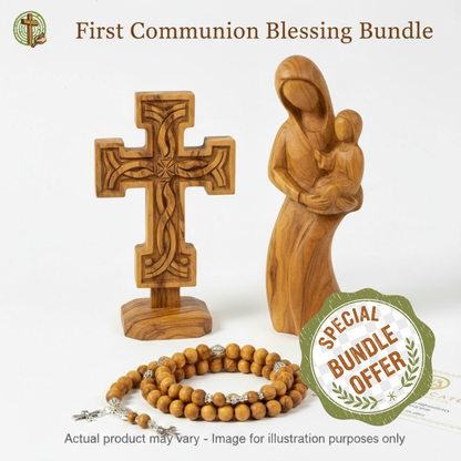 Wooden cross, statue of Virgin Mary with child, and wooden rosary on a white background with 'First Communion Blessing Bundle' text.