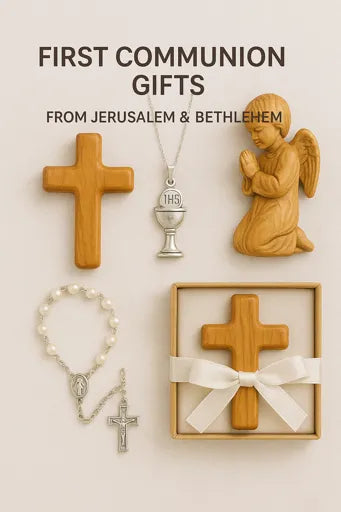 Collection of First Communion gifts including a cross, chalice, angel statue, rosary, and framed cross on a light background.