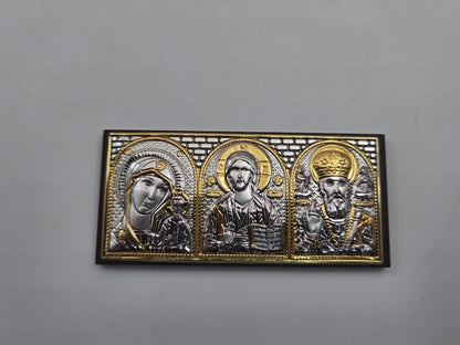 Flat Silver Car Icon – Holy Land Triptych (Mary & Child, Christ, St. Nicholas) - Christian Crafts