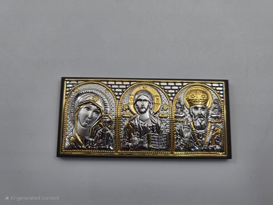 Flat Silver Car Icon – Holy Land Triptych (Mary & Child, Christ, St. Nicholas) - Christian Crafts
