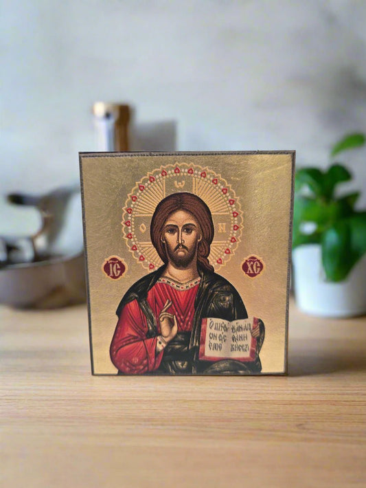 Golden - Plated Jesus Icon on Natural Wood (Special Item) - Christian Crafts