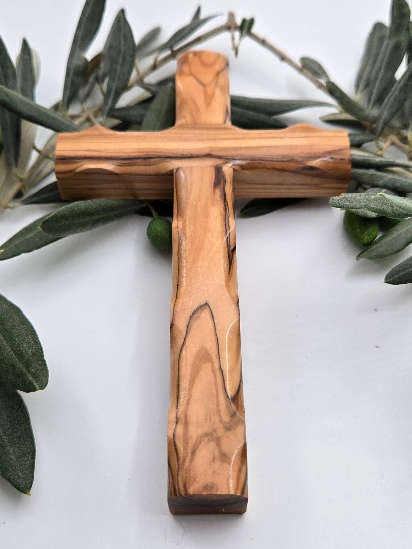 Hand - Carved Olive Wood Wall Cross — Soft Wave - Edge Design - Christian Crafts