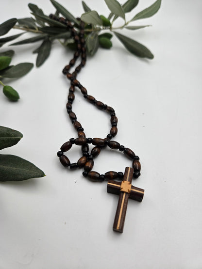 Hand - Polished Olive Wood Rosary Pendant Necklace — Natural Beads & Cross - Inlaid - Christian Crafts