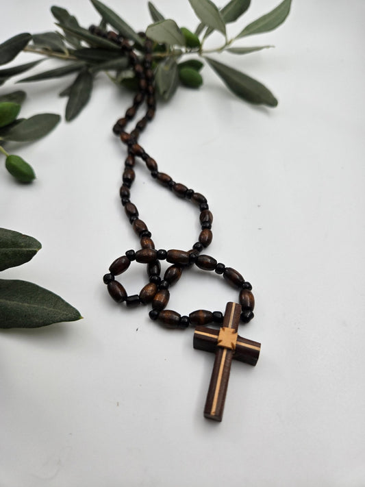 Hand - Polished Olive Wood Rosary Pendant Necklace — Natural Beads & Cross - Inlaid - Christian Crafts