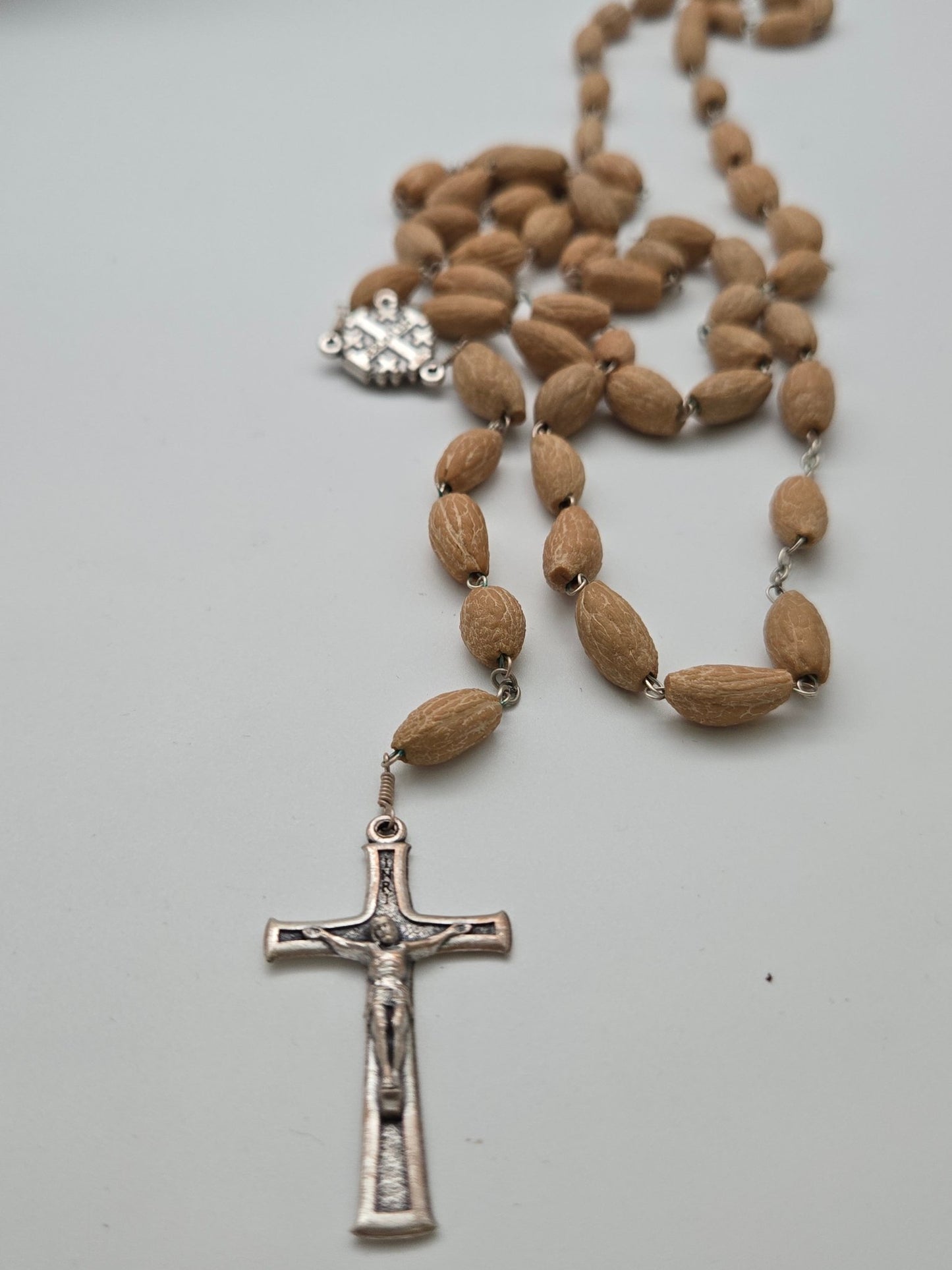Handcrafted Holy Land Olive Wood Rosary with Pewter Rose & Crucifix - 7mm Beads - Christian Crafts