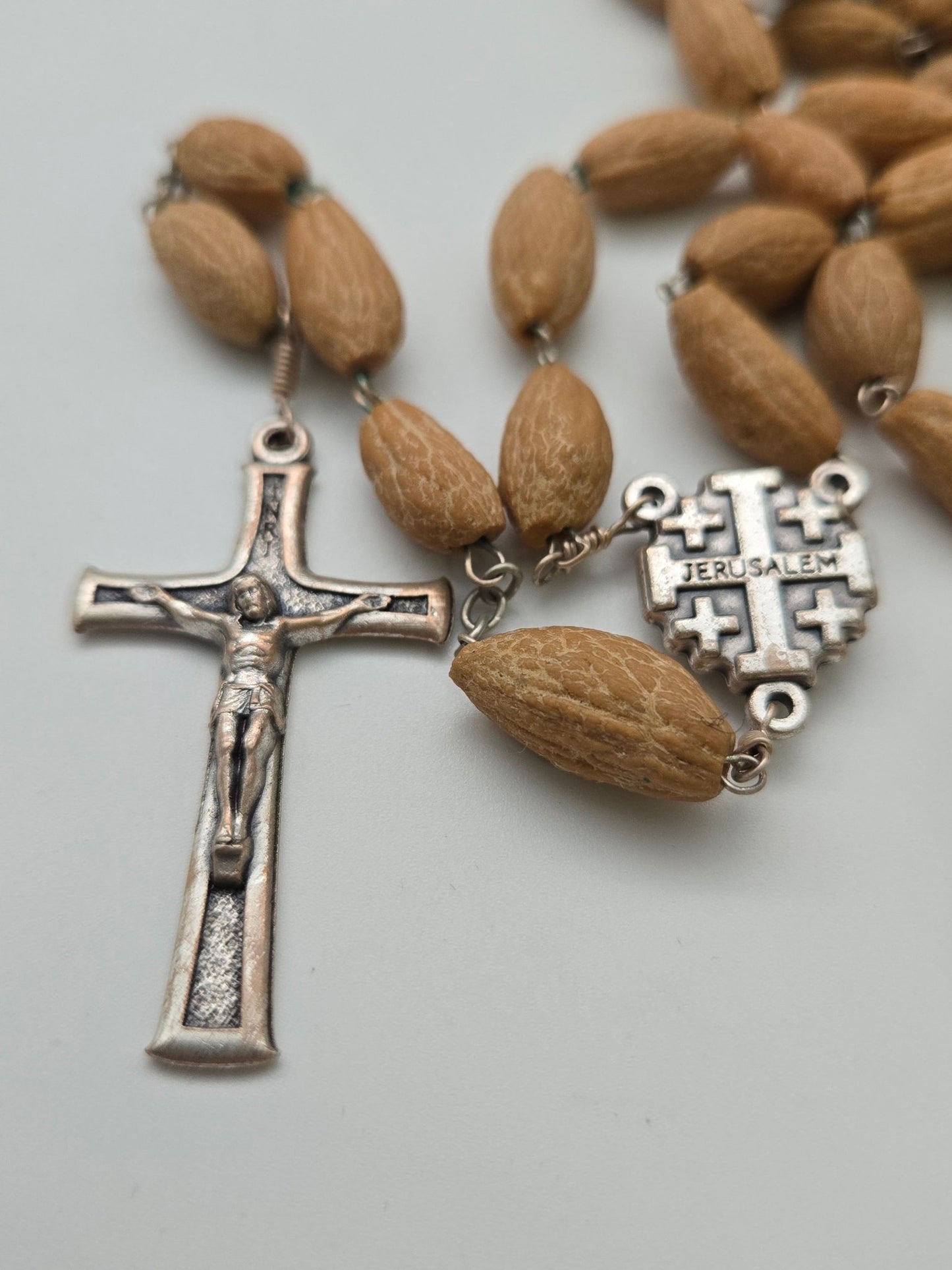 Handcrafted Holy Land Olive Wood Rosary with Pewter Rose & Crucifix - 7mm Beads - Christian Crafts
