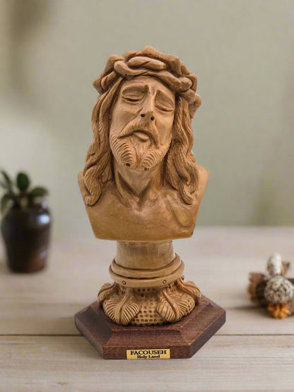Handcrafted Olive Wood Jesus Bust with Crown of Thorns (The FACE) - Christian Crafts