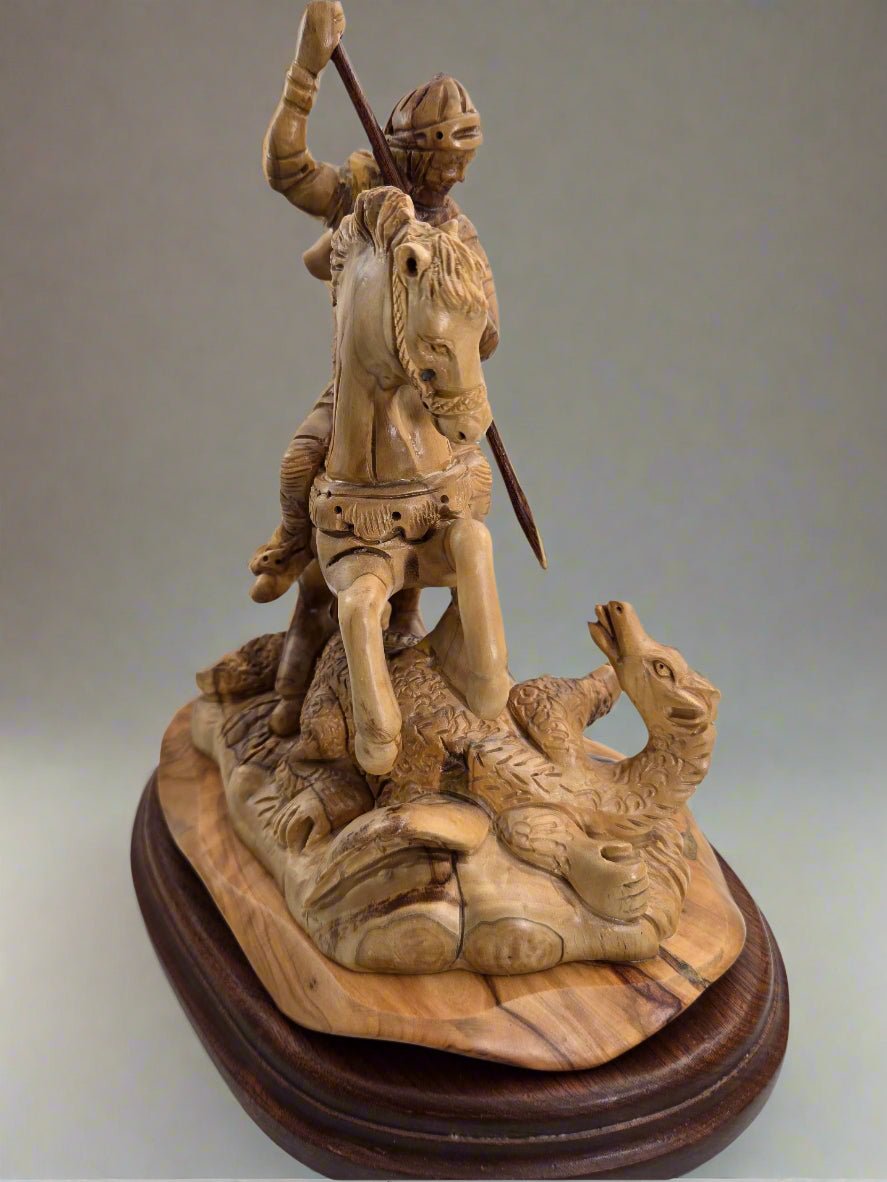 Handcrafted Olive Wood St. George Sculpture from the Holy Land - Christian Crafts