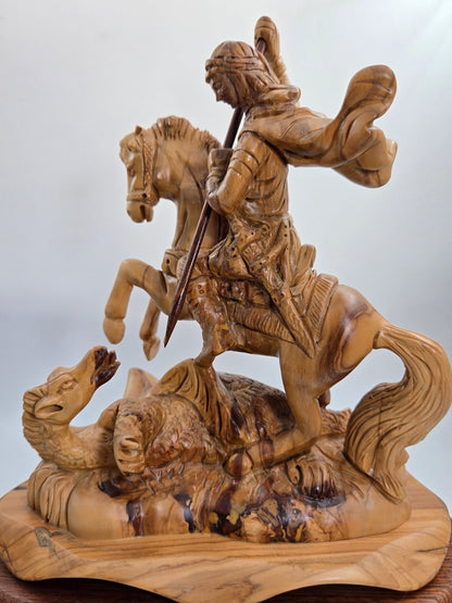 Handcrafted Olive Wood St. George Sculpture from the Holy Land - Christian Crafts