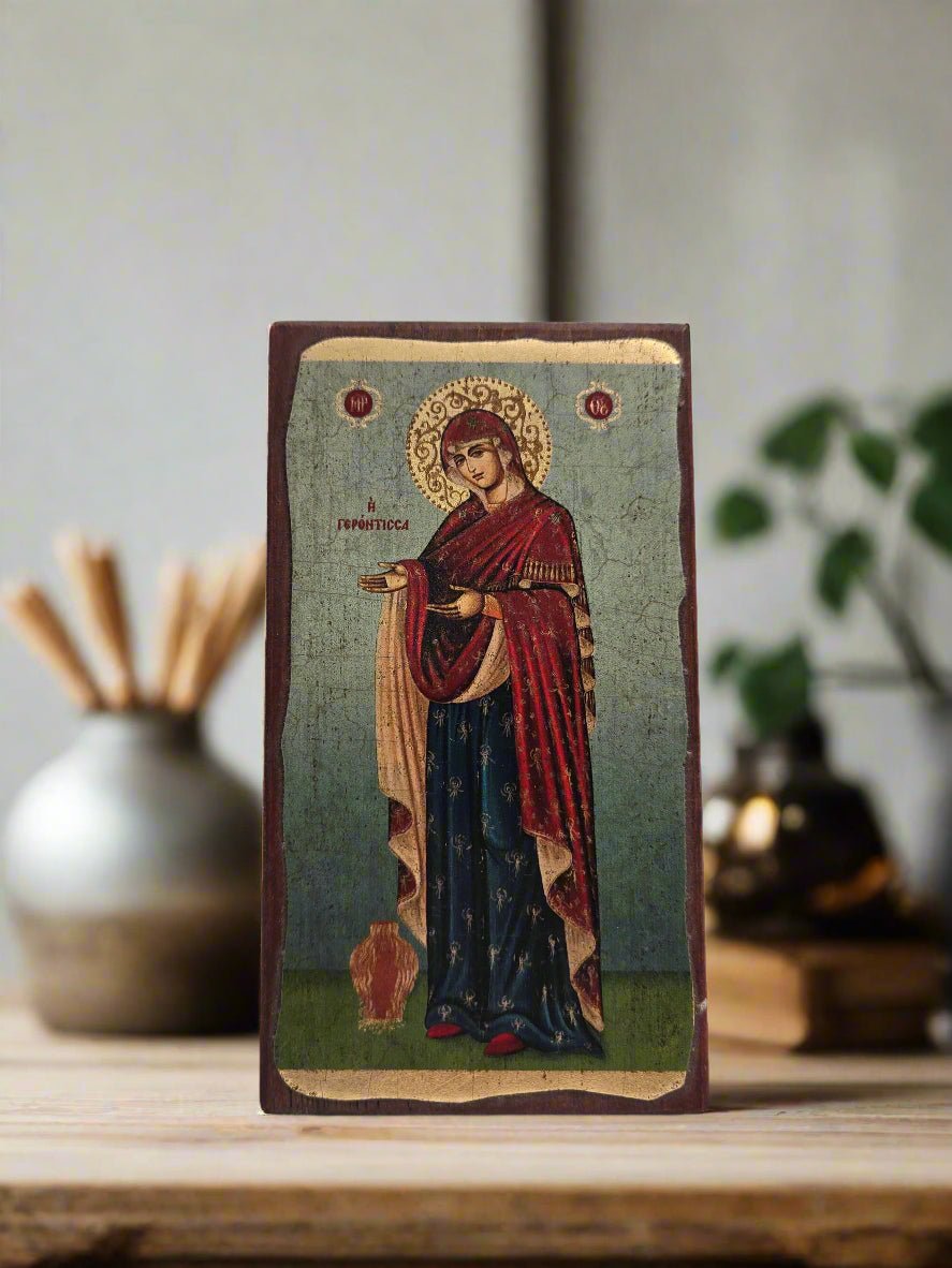 Handmade Virgin Mary Icon - Natural Wood & Golden Plated - Christian Crafts