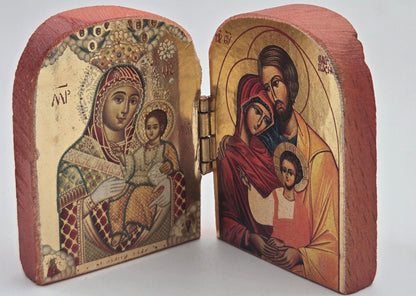 Holy Family Diptych Icon - Handcrafted Natural Wood - Christian Crafts