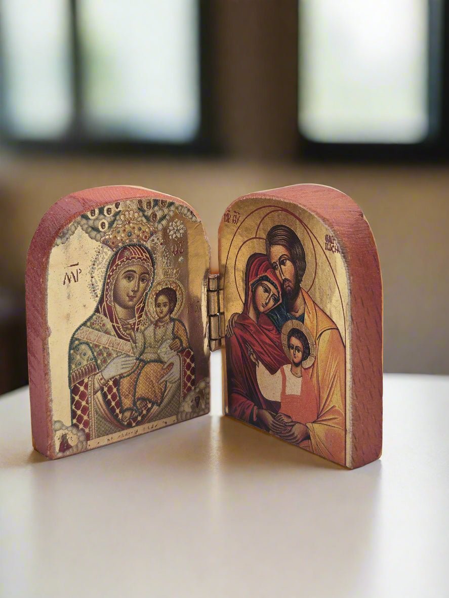 Holy Family Diptych Icon - Handcrafted Natural Wood - Christian Crafts