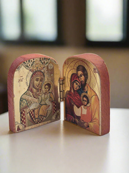 Holy Family Diptych Icon - Handcrafted Natural Wood - Christian Crafts