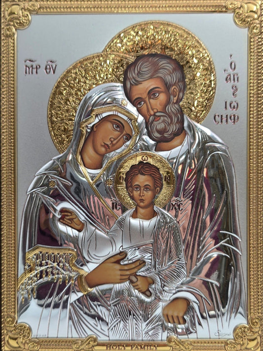 Holy Family Icon with Silver and Golden Accents on Carved Wood Base - Christian Crafts