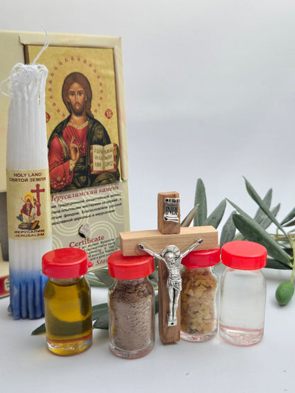 Holy Land Devotional Gift Set – Jordan River Holy Water, Jerusalem Soil, Incense, Olive Oil, Olive - Wood Crucifix & Candle with Icon - Christian Crafts