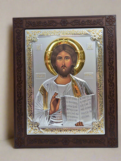 Holy Land Jesus Icon with Silver and Golden touch on Carved Wood Base - Christian Crafts