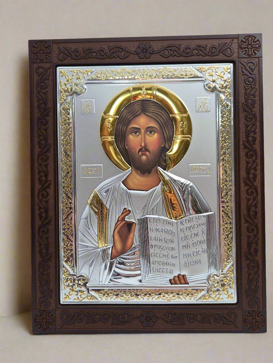 Holy Land Jesus Icon with Silver and Golden touch on Carved Wood Base - Christian Crafts