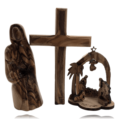 Holy Land Olive Wood Faith Trio Gift Set – Standing Cross, Madonna & Child & Mini Nativity Bundle - Christian Crafts