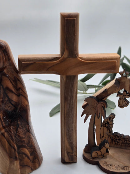 Holy Land Olive Wood Faith Trio Gift Set – Standing Cross, Madonna & Child & Mini Nativity Bundle - Christian Crafts