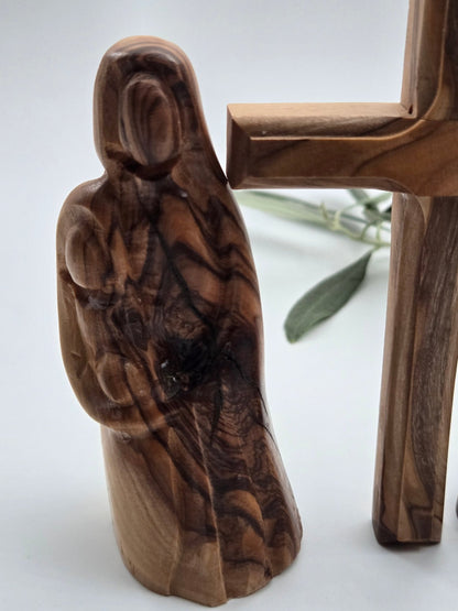Holy Land Olive Wood Faith Trio Gift Set – Standing Cross, Madonna & Child & Mini Nativity Bundle - Christian Crafts