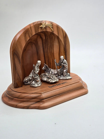 Holy Land Olive Wood Grotto Nativity with Pewter Figures – Bethlehem - Christian Crafts