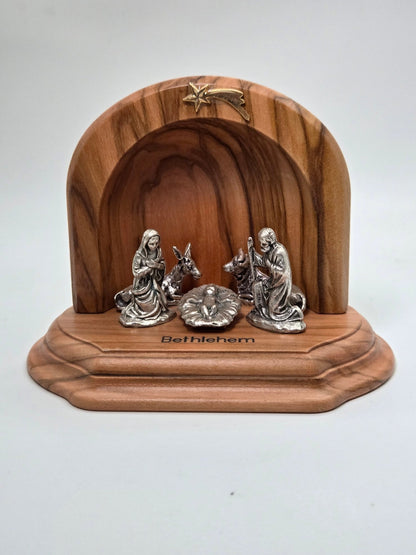 Holy Land Olive Wood Grotto Nativity with Pewter Figures – Bethlehem - Christian Crafts