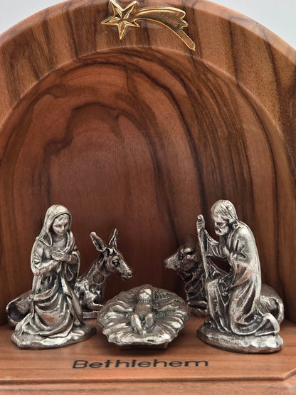 Holy Land Olive Wood Grotto Nativity with Pewter Figures – Bethlehem - Christian Crafts