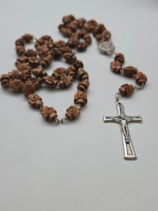 Holy Land Olive Wood Rosary with Jerusalem Cross Beads - Blessed & Authentic - Christian Crafts
