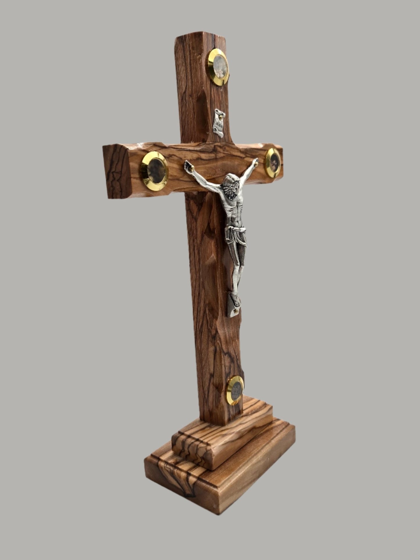 Jerusalem Olive Wood Catholic Cross with Holy Land Relics - Christian Crafts
