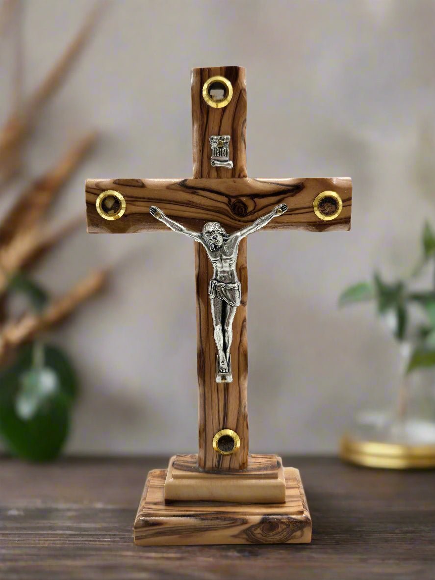 Jerusalem Olive Wood Catholic Cross with Holy Land Relics - Christian Crafts