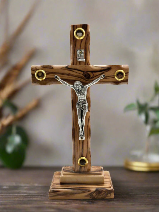 Jerusalem Olive Wood Catholic Cross with Holy Land Relics - Christian Crafts