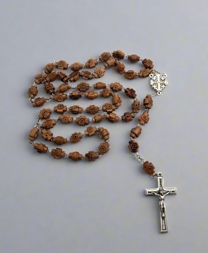 Jerusalem Soil Rosary — Olive Wood Jerusalem - Cross Beads with Silver - Plated Crucifix - Christian Crafts