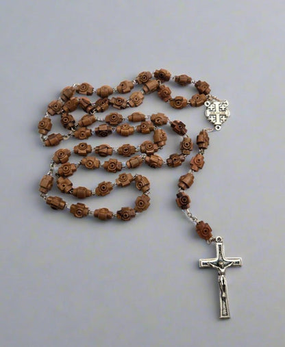 Jerusalem Soil Rosary — Olive Wood Jerusalem - Cross Beads with Silver - Plated Crucifix - Christian Crafts
