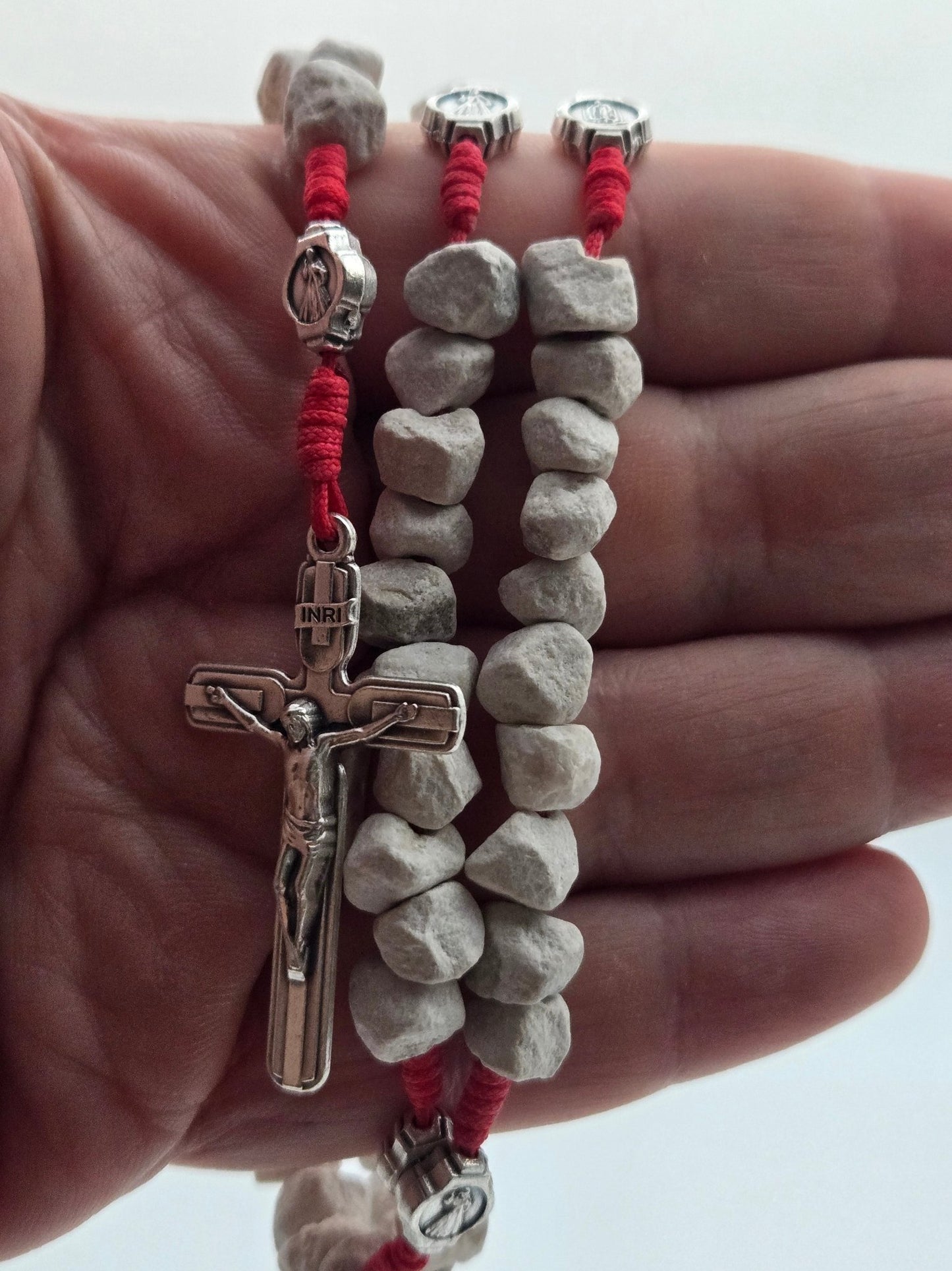 Jerusalem Stone & Silver - Plated Rosary — Hand - Cut Beads with Italian Crucifix - Christian Crafts