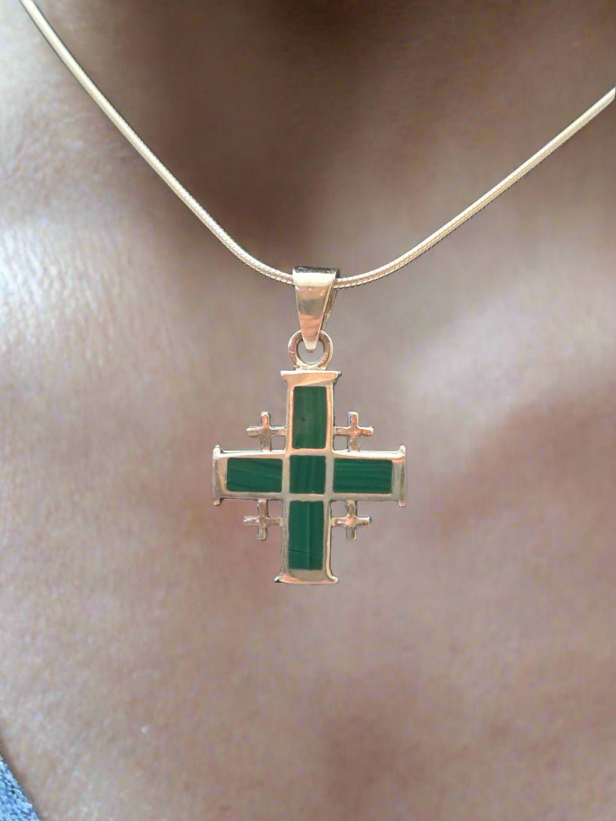 JRL29 - malachite Jerusalem cross - Christian Crafts