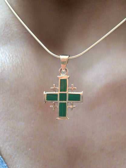 JRL29 - malachite Jerusalem cross - Christian Crafts