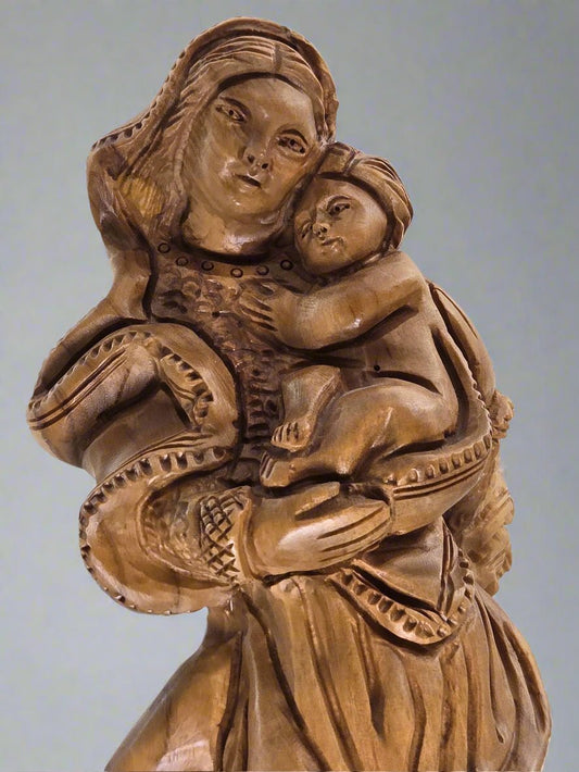 Madonna (Our Lady) & Child Embrace — Bethlehem Unique Olive Wood Sculpture - Christian Crafts