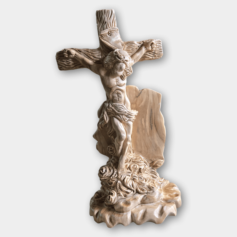 Masterpiece Olive Wood Crucifix Statue — One - of - a - Kind Hand - Carved Calvary Scene - Christian Crafts