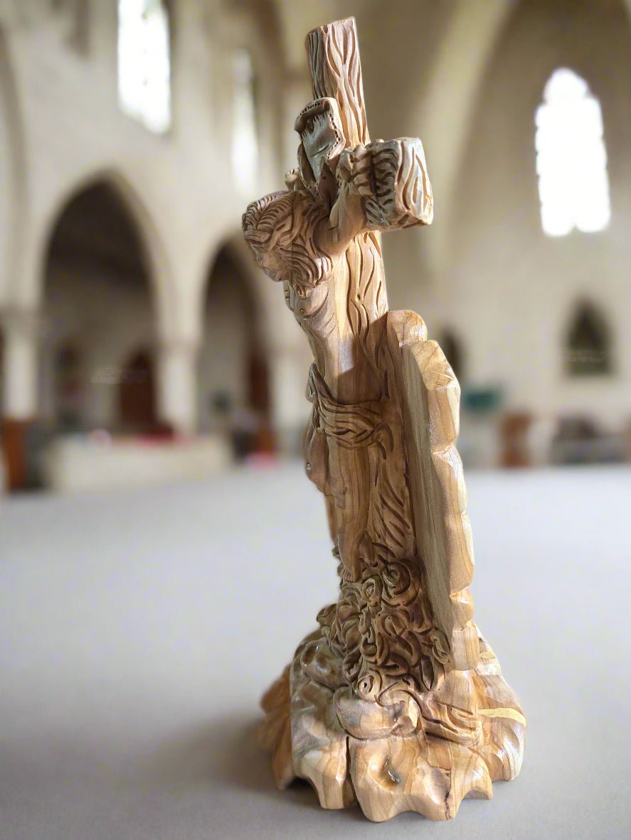 Masterpiece Olive Wood Crucifix Statue — One - of - a - Kind Hand - Carved Calvary Scene - Christian Crafts