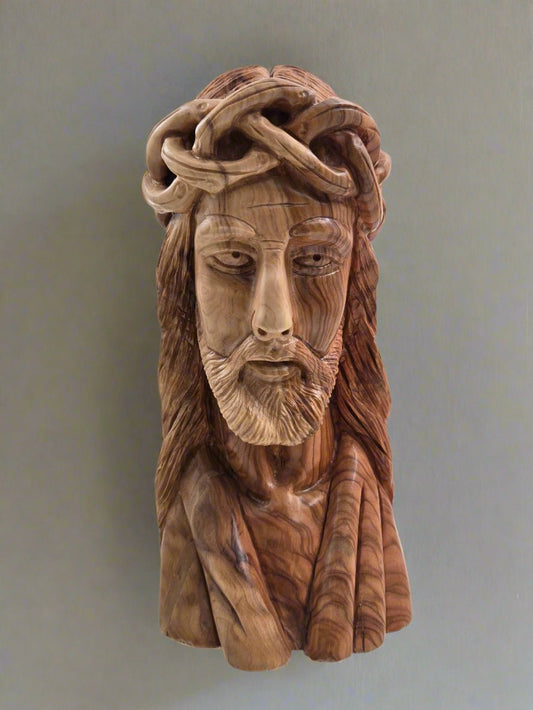 Masterpiece Olive Wood Jesus Bust – Crown of Thorns (Hand - Carved in the Holy Land) - Christian Crafts