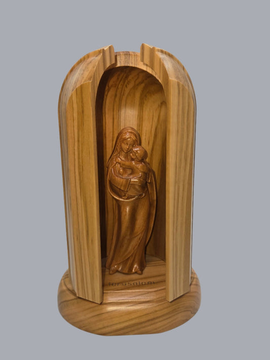 Merry Carrying Jesus Olive Wood Sculpture with House and Door - Christian Crafts