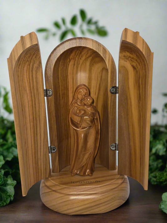 Merry Carrying Jesus Olive Wood Sculpture with House and Door - Christian Crafts