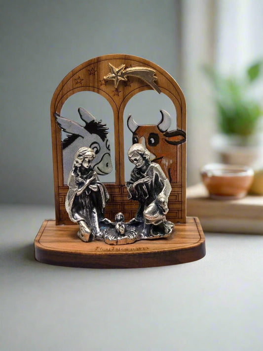 Modern Olive Wood “Bethlehem Window” Holy Family Nativity with Pewter Figures - Christian Crafts