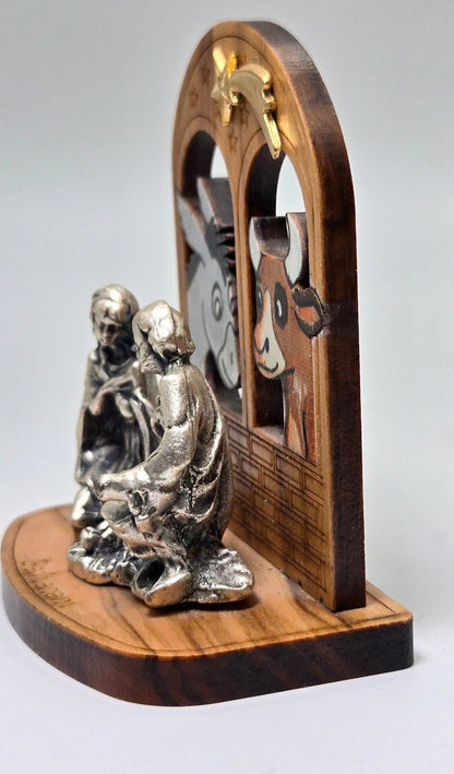 Modern Olive Wood “Bethlehem Window” Holy Family Nativity with Pewter Figures - Christian Crafts