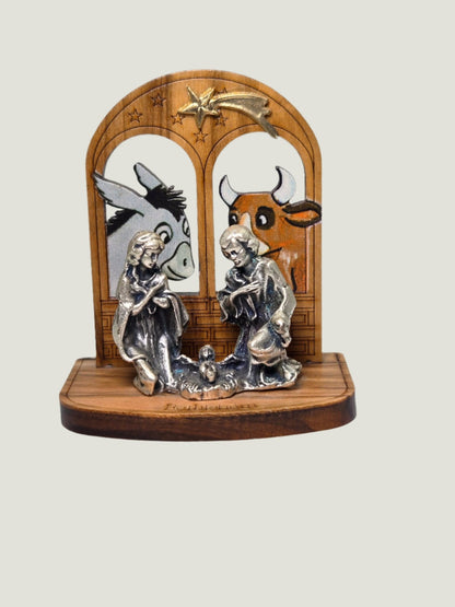 Modern Olive Wood “Bethlehem Window” Holy Family Nativity with Pewter Figures - Christian Crafts